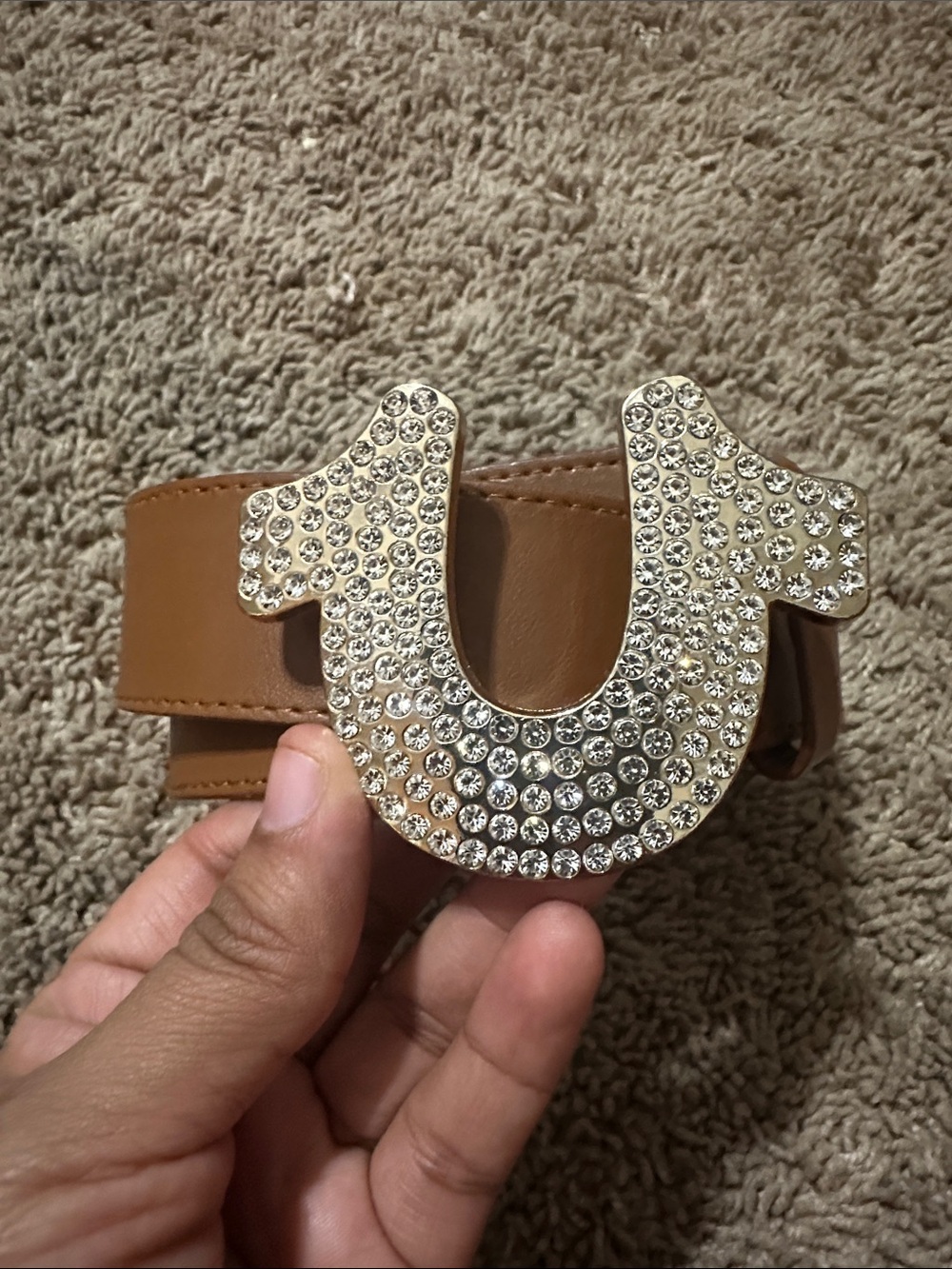 True Religion Tan Leather Belt with Golden Crystal Horseshoe Buckle
